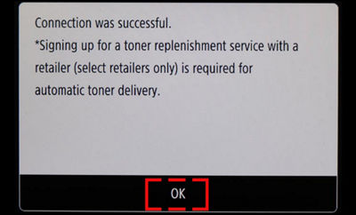 Successful confirmation screen with "OK" highlighted