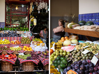 Stacks of marketplace fruits and vegetables