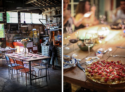 Restaurant decor image on left and close up of raspberry pie on the right