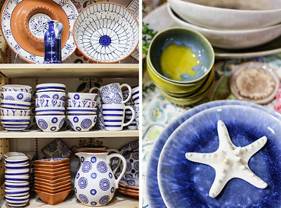 Blue and white stacks of bowls on the left and close up blue bowl on right