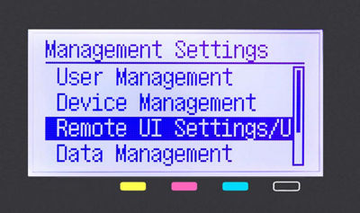 Management settings menu with remote UI settings / update firmware highlighted