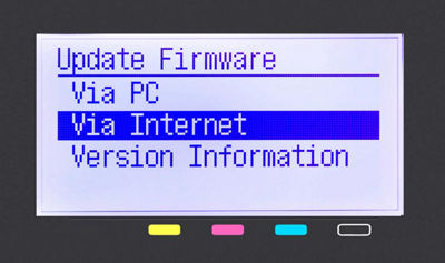 Update firmware menu with via internet highlighted