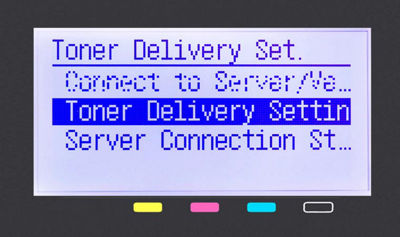 Toner delivery set menu with toner delivery settings highlighted