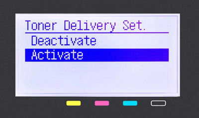 Toner delivery setting activation menu with "activate" highlighted