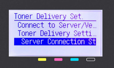 toner delivery setting menu with server connection status highlighted