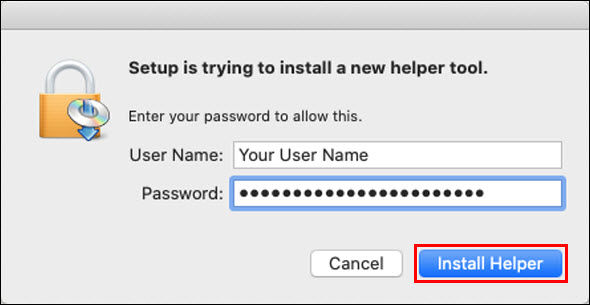 Install helper login screen