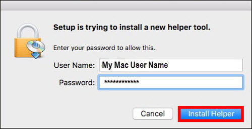 Enter your user name and password, then click Install Helper (outlined in red)