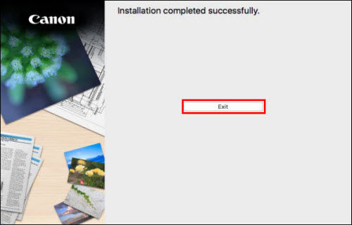 Installation completed successfully. Click Exit (outlined in red)