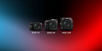 EOS C400, EOS C80, and EOS C50 Cinema Cameras Next to Each Other