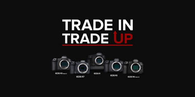 Trade In Trade Up Logo with Multiple Cameras Below it