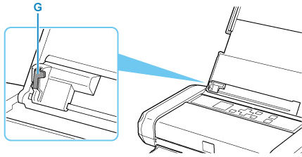 Figure: Be sure to keep the paper stack below the tab of the paper guide (G, shown in inset)