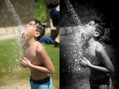 Comparison photo of Laura's son in color and black and white