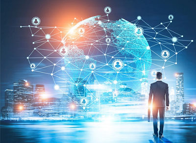 business man looking at an image of a connected network of people and processes