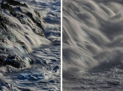 Side by side comparison of water running over rapids