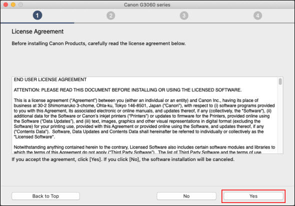 Click Yes (outlined in red) to proceed. If you click No, the installer will not proceed