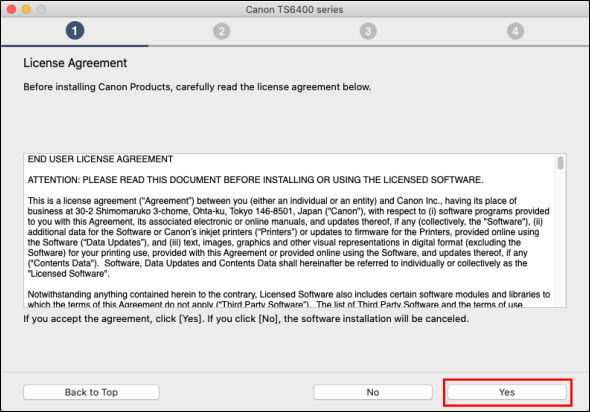 Click Yes (outlined in red) to proceed. If you click No, the installer will not proceed