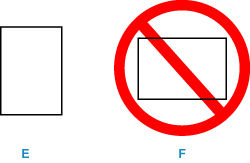 Always load paper in portrait orientation (E). Loading paper in landscape orientation (F) can cause paper jams