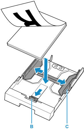 Slide the paper guides (B) in the front and (C) on the right to open the guides, then load the paper stack face down in portrait orientation