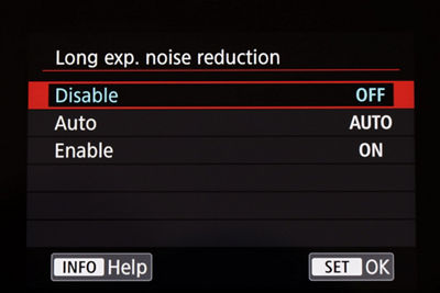 Long exposure options in the menu