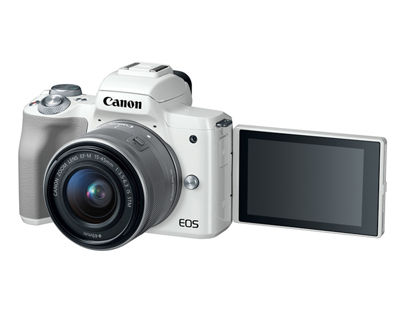 Canon EOS M50 - White with EF-M 15-45mm 3Q Open