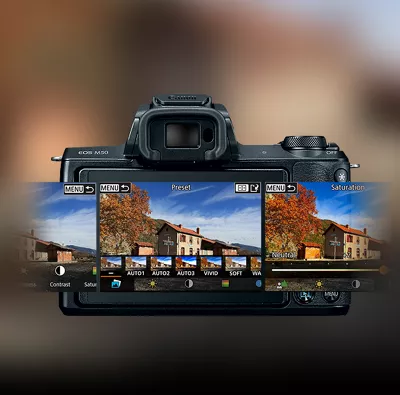 Rear digital display of a Canon EOS M50 showing multiple pictures extending off-screen as if comparing them