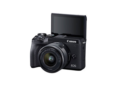 Canon EOS M6 Mark II - Black slanted with screen tilted up