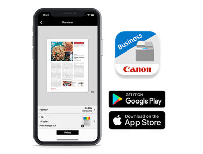 Photo of a cell phone beside the Canon and app stores available for the product.