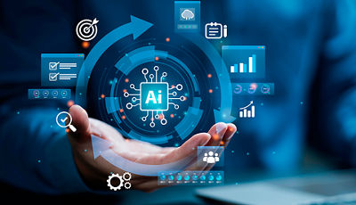 hand under a computer tech AI illustration