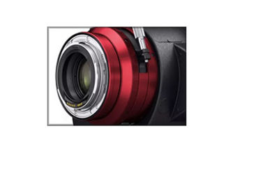 Close‑up of EF mount with red locking ring on cinema lens