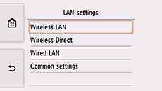 LAN settings screen with Wireless LAN selected