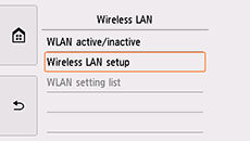 Wireless LAN screen with Wireless LAN setup selected