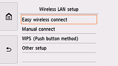 Wireless LAN setup screen with Easy wireless connect selected