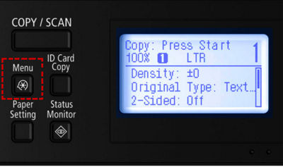 Printer display screen and buttons with menu highlighted