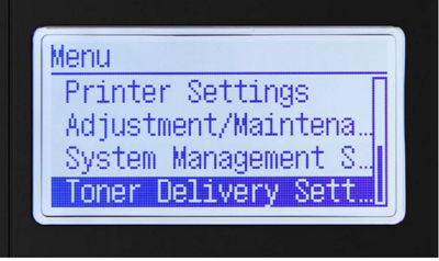 Menu menu with toner delivery settings highlighted