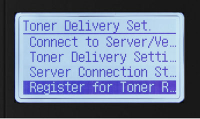 Toner delivery settings menu with register for toner replenishment highlighted