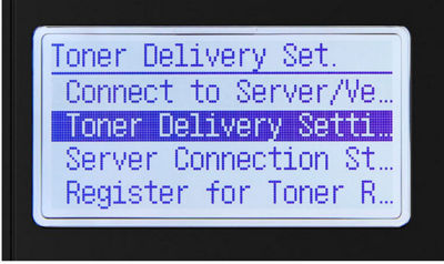 Toner delivery set menu with toner delivery settings highlighted