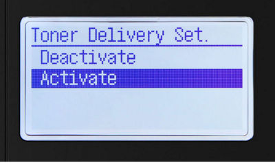 Toner delivery setting activation menu with "activate" highlighted