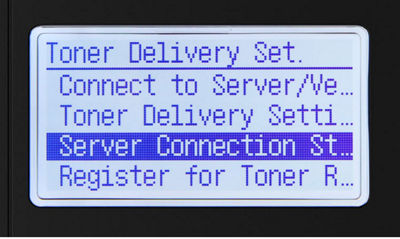 toner delivery setting menu with server connection status highlighted