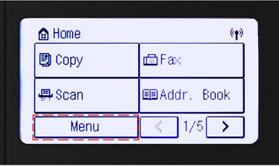Printer homescreen with menu button highlighted