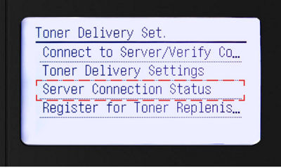 toner delivery setting menu with server connection status highlighted