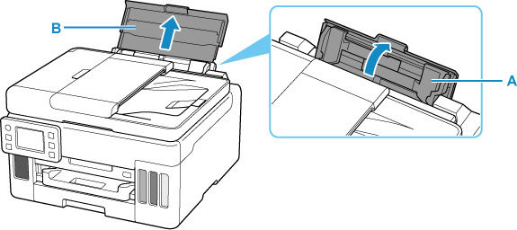 Open the rear tray cover (A) and then pull up the paper support (B)