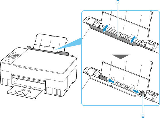 Slide the right paper guide (E) to open both paper guides