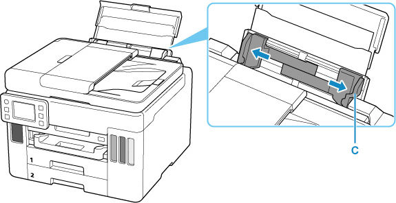 Slide the right paper guide (C) to open both paper guides