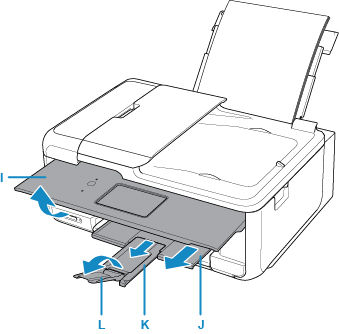 Operation panel showing paper output tray, support, and tray extension open