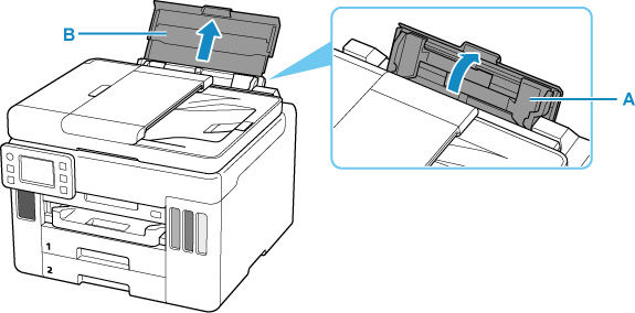 Open the rear tray cover (A) and then pull up the paper support (B)