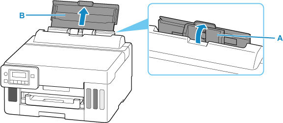 Open the rear tray cover (A) and then pull up the paper support (B)