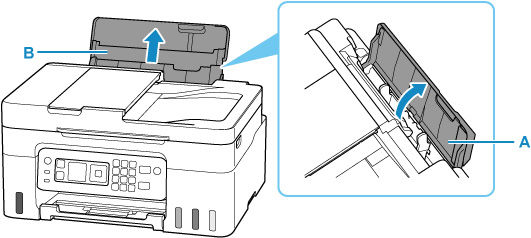 Open the rear tray cover and pull up the paper support