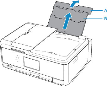 Open the rear tray cover (A). Pull straight up and fold back the paper support (B)