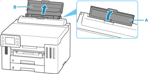 Open the rear tray cover (A) and then pull up the paper support (B)