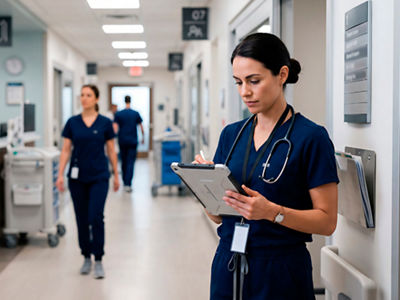 Nurse looking at a tablet